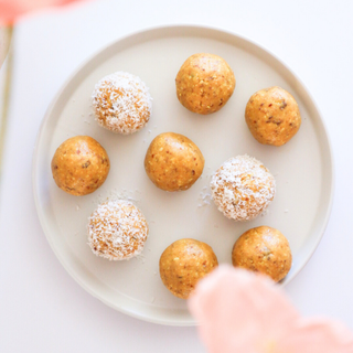Peaches and Cream Protein Balls freshly made and ready to share