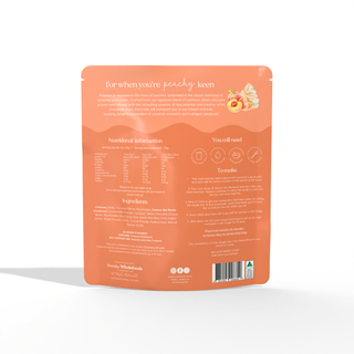 Back of the Sneaky Wholefoods Peaches and Cream Protein Ball Mix packet, displaying nutritional information and ingredients for this gluten-free, plant-based, high-protein snack