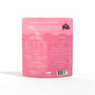 Back of packing for Sneaky Wholefoods raspberry Fudge Brownie Protein Ball Mix showing Nutritional Value and how to make the protein balls in 5 minutes