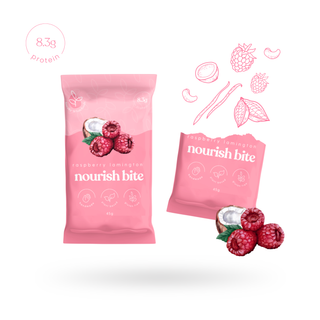 Sneaky Wholefoods Raspberry Lamington Nourish Bite, a gluten-free, plant-based, high-protein snack made with real ingredients, featuring a dessert-inspired flavour packed with nutrients