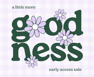 Promotional graphic with 'goodness' text and flowers on a light purple background