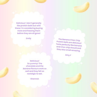 Three white cloud-shaped text bubbles with customer reviews are arranged on a pastel rainbow background with floating banana slices. The reviews mention banana and chocolate protein balls.