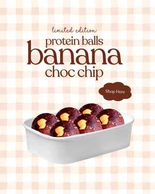 Protein balls with banana and chocolate chips on a checkered background
