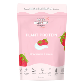 Pink package of Oh So Amazing Supps plant protein with strawberries and cream flavor on a white background
