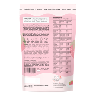 Back view of a protein powder package with nutritional information and branding on a white background