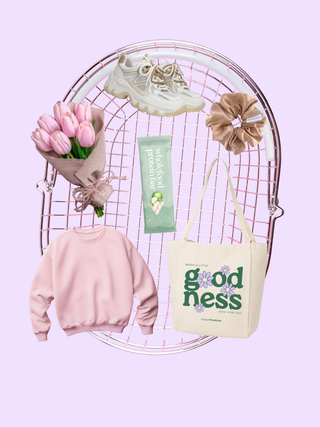 Collage of a pink sweatshirt, tote bag with 'goodness' text, flowers, and a product on a pink background