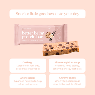 A cream packaged vanilla cookie dough protein bar with a partially eaten one shown in front on a cream background. Text at the top reads 'Sneak a little goodness into your day,' and four white rounded boxes below list use cases: on the go, afternoon pick-me-up, after exercise, and anytime snack.