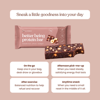 graphic featuring a hazelnut choc fudge protein bar and the message "Sneak a little goodness into your day," followed by suggested snack occasions: on the go, after exercise, afternoon pick-me-up, and anytime snack.