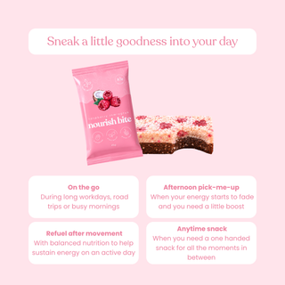 graphic featuring sneaky wholefoods raspberry lamington nourish bite and the message "Sneak a little goodness into your day," followed by suggested snack occasions: on the go, after exercise, afternoon pick-me-up, and anytime snack.