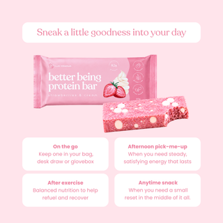 A pink promotional graphic for Strawberries and Cream Better Being Protein Bars, showing the pink strawberry-flavored bar packaging and a sliced protein bar with visible nuts and cream. Text at the top reads 'Sneak a little goodness into your day,' and four white rounded boxes below list use cases: on the go, afternoon pick-me-up, after exercise, and anytime snack.