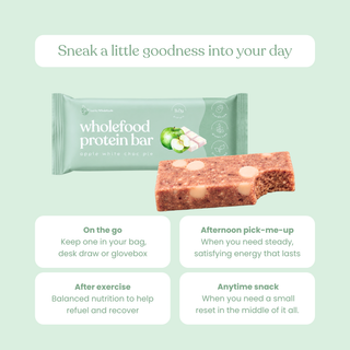 A Wholefood Protein Bar in its green wrapper, shown next to a partially eaten apple white chocolate pie protein bar with white chunks. The image is set against a pale mint green background with the headline 'Perfect throughout your day' and four white rounded text boxes listing use cases: on the go, afternoon pick-me-up, after exercise, and anytime snack.