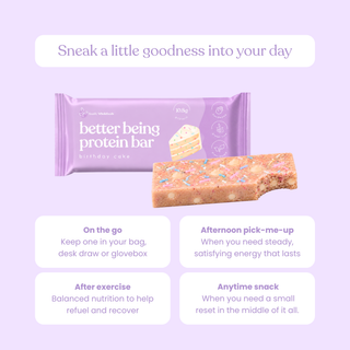 A purple packaged protein bar labeled 'birthday cake better being protein bar' with a sliced bar shown beside it on a light lavender background. Text at the top reads 'Perfect throughout your day' and four benefit callouts appear below.