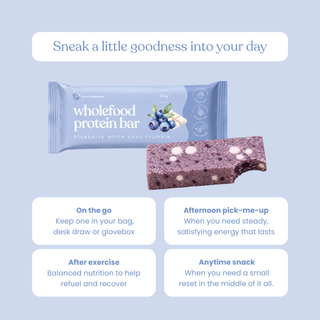 A blue wrapper for a blueberry white choc crumble wholefood protein bar is shown above a sliced purple-blue protein bar with white chunks, on a pale blue background with marketing text and four benefit callouts.