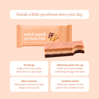 graphic featuring a peanut butter choc caramel snick snack protein bar and the message "Sneak a little goodness into your day," followed by suggested snack occasions: on the go, after exercise, afternoon pick-me-up, and anytime snack.