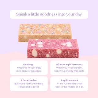 Sneaky Wholefoods  graphic featuring a Strawberries and Cream and Birthday Cake Protein Bars and the message "Sneak a little goodness into your day," followed by suggested snack occasions: on the go, after exercise, afternoon pick-me-up, and anytime snack.