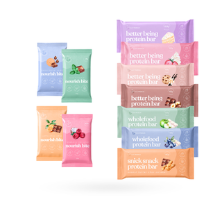 A set of gluten free plant based protein bars in various flavours, including Better Being Protein Bar and Nourish Bite, arranged on a clean white background.
