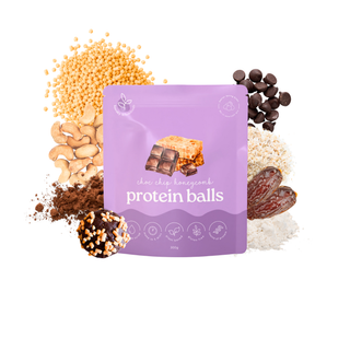 A purple stand-up pouch labeled 'choc chip honeycomb protein balls' surrounded by ingredients including honeycomb pieces, chocolate chips, dates, and a protein ball on a white background.