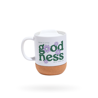 Mug with 'goodness' text and floral design on a white background