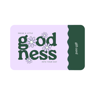 Gift card with 'goodness' text and flowers on a purple and green background