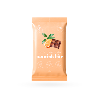 A single pack of nourish bite jaffa chocolate chip in a orange-colored wrapper, featuring an illustration of a chocolate bar and an orange slice on a white background.