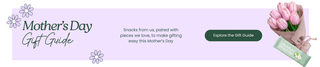Promotional banner for Mother's Day gift guide with text and a green button on a light purple background.