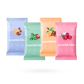 Four colourful snack bites  labeled 'nourish bite' floating on a white background, shown in light blue, mint green, peach, and pink flavors with illustrations of chocolate, citrus, mint, and berries.