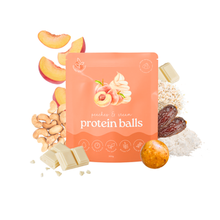 A peach-colored stand-up pouch labeled 'peaches & cream protein balls' surrounded by illustrated and loose ingredients including peach slices, white chocolate pieces, dates, and a protein ball on a white background.
