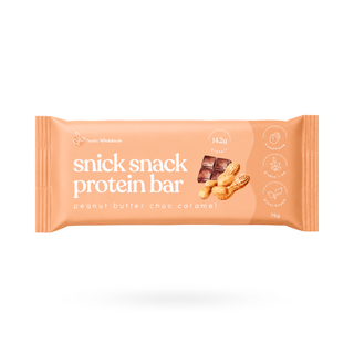 A single packaged snack protein bar in a peach-orange wrapper, labeled 'snick snack protein bar' with 'peanut butter choc caramel' flavor text and small chocolate and peanut illustrations, on a white background.