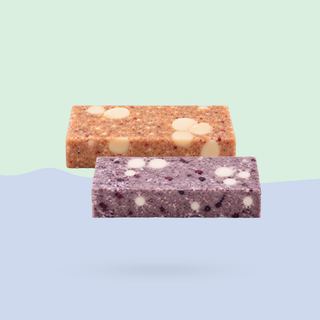 Two rectangular protein bars on a white background, one with a light brown apple and cinnamon base and white chocolate  chunks, and one with a purple blueberry base and white chocolate chunks.