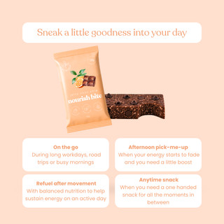 Graphic featuring sneaky wholefoods  jaffa choc chip nourish bites and the message "Sneak a little goodness into your day," followed by suggested snack occasions: on the go, after exercise, afternoon pick-me-up, and anytime snack.