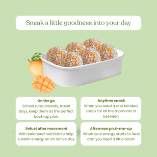 A promotional graphic on a light green background featuring a white tray of small coconut-coated snack balls with orange fruit pieces, plus text callouts describing use cases like on-the-go, anytime snack, refuel after movement, and afternoon pick-me-up.