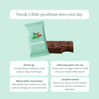 Sneaky Wholefoods graphic featuring a mint brownie nourish bite and the message "Sneak a little goodness into your day," followed by suggested snack occasions: on the go, after exercise, afternoon pick-me-up, and anytime snack.
