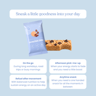 graphic featuring sneaky wholefoods peanut butter cookie nourish bite and the message "Sneak a little goodness into your day," followed by suggested snack occasions: on the go, after exercise, afternoon pick-me-up, and anytime snack.