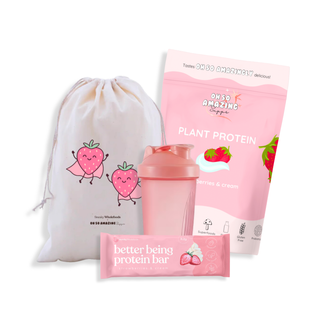 Protein product set with a drawstring bag, protein shaker, and protein bar on a white background