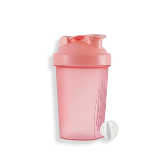 Pink shaker bottle with a white cap on a white background