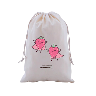 White drawstring bag with cartoon strawberry characters and text on a white background