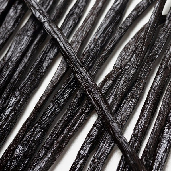 Close-up of dried vanilla beans on a white background