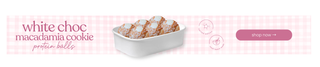 Protein ball in a white container with pink text and design elements on a light pink background