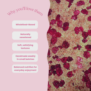 Video showcasing Sneaky Wholefoods raspberry lamington nourish bites in a production setting, switching between different flavours while highlighting key features including wholefood-based ingredients, naturally sweetened, soft satisfying textures, handmade weekly in small batches, and balanced nutrition for everyday enjoyment
