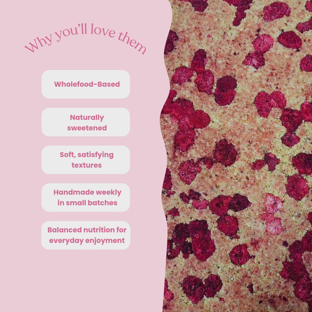 Video showcasing Sneaky Wholefoods raspberry lamington nourish bites in a production setting, switching between different flavours while highlighting key features including wholefood-based ingredients, naturally sweetened, soft satisfying textures, handmade weekly in small batches, and balanced nutrition for everyday enjoyment