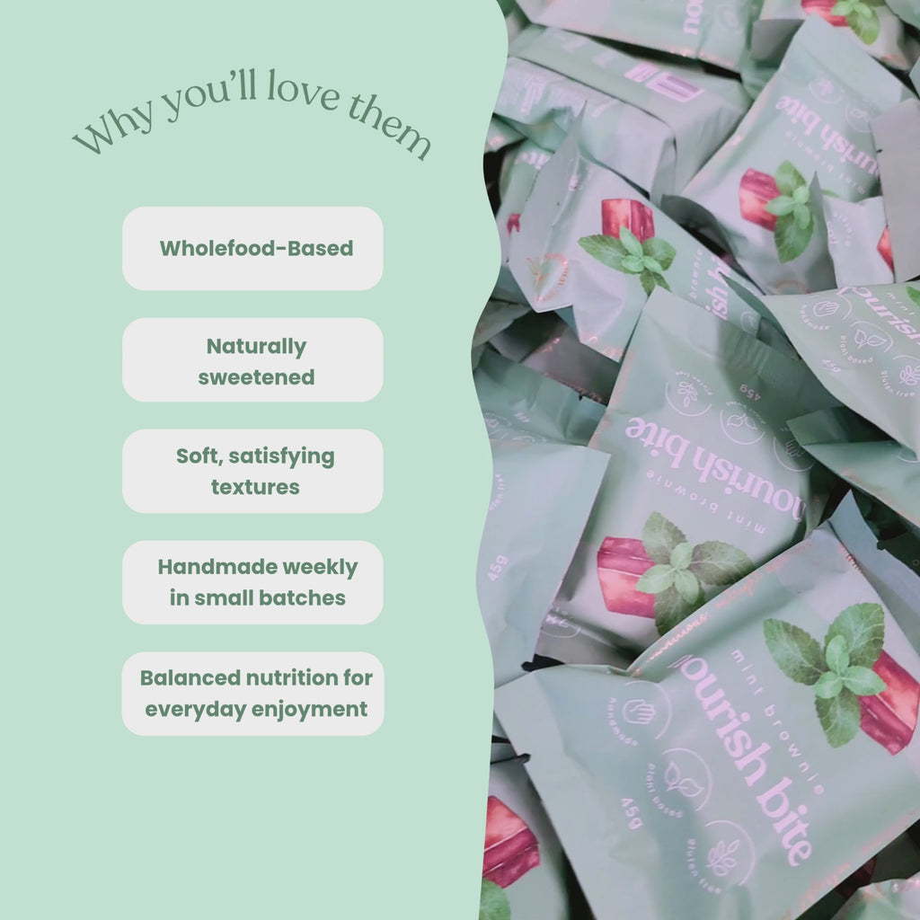 Video showcasing Sneaky Wholefoods mint brownie nourish bites in a production setting, switching between different flavours while highlighting key features including wholefood-based ingredients, naturally sweetened, soft satisfying textures, handmade weekly in small batches, and balanced nutrition for everyday enjoyment.