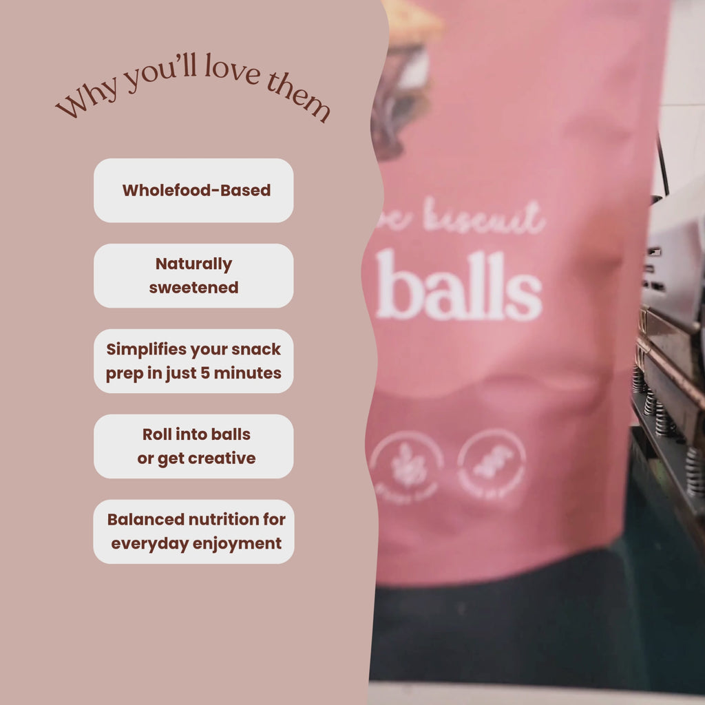 Video showcasing Sneaky Wholefoods Marshmallow Choc Biscuit Protein Ball Mix in a production setting, switching between different flavours while highlighting key features including wholefood-based ingredients, naturally sweetened, simplify snack prep with minimal clean up, balanced nutrition for everyday enjoyment.