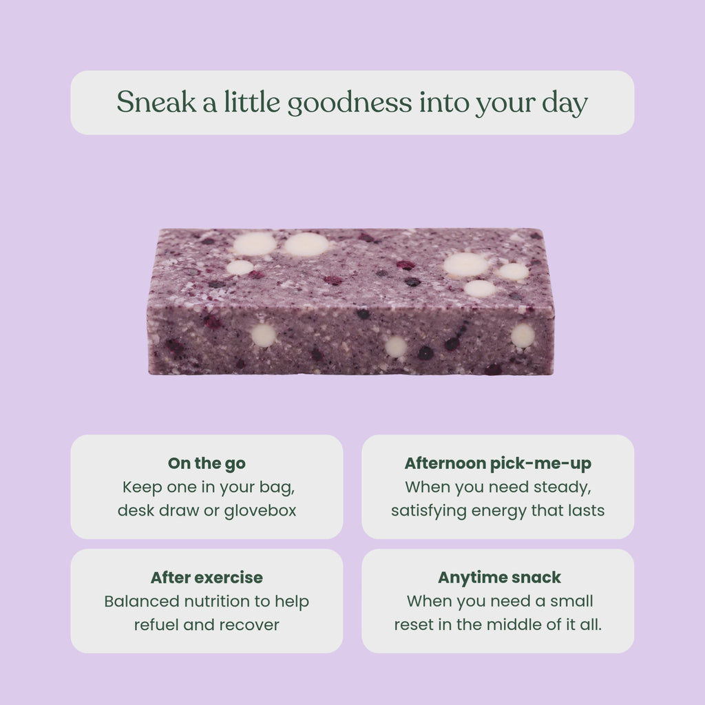 Sneaky Wholefoods animated graphic featuring a three protein bar flavours and the message "Sneak a little goodness into your day," followed by suggested snack occasions: on the go, after exercise, afternoon pick-me-up, and anytime snack.