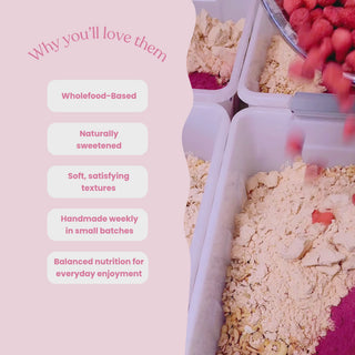 Video of BTS making Strawberries and Cream Protein Bars with a list of why you will love them: Wholefood-Based
Naturally sweetened
Soft, satisfying textures
Balanced nutrition for everyday enjoyment
Handmade weekly in small batches
