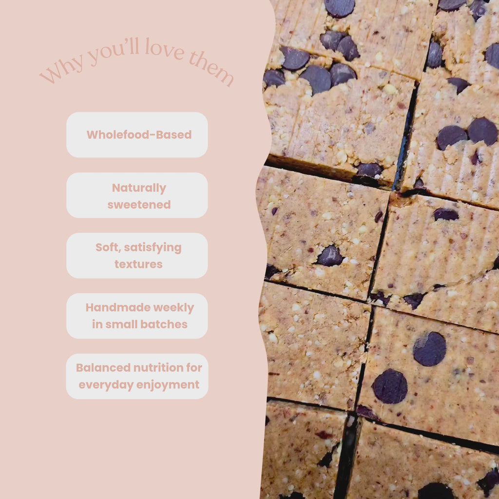 Video of BTS making Vanilla Cookie Dough Protein Bars with a list of why you will love them: Wholefood-Based
Naturally sweetened
Soft, satisfying textures
Balanced nutrition for everyday enjoyment
Handmade weekly in small batches