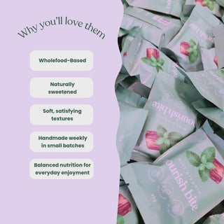 Video showcasing Sneaky Wholefoods  nourish bites in a production setting, switching between different flavours while highlighting key features including wholefood-based ingredients, naturally sweetened, soft satisfying textures, handmade weekly in small batches, and balanced nutrition for everyday enjoyment.