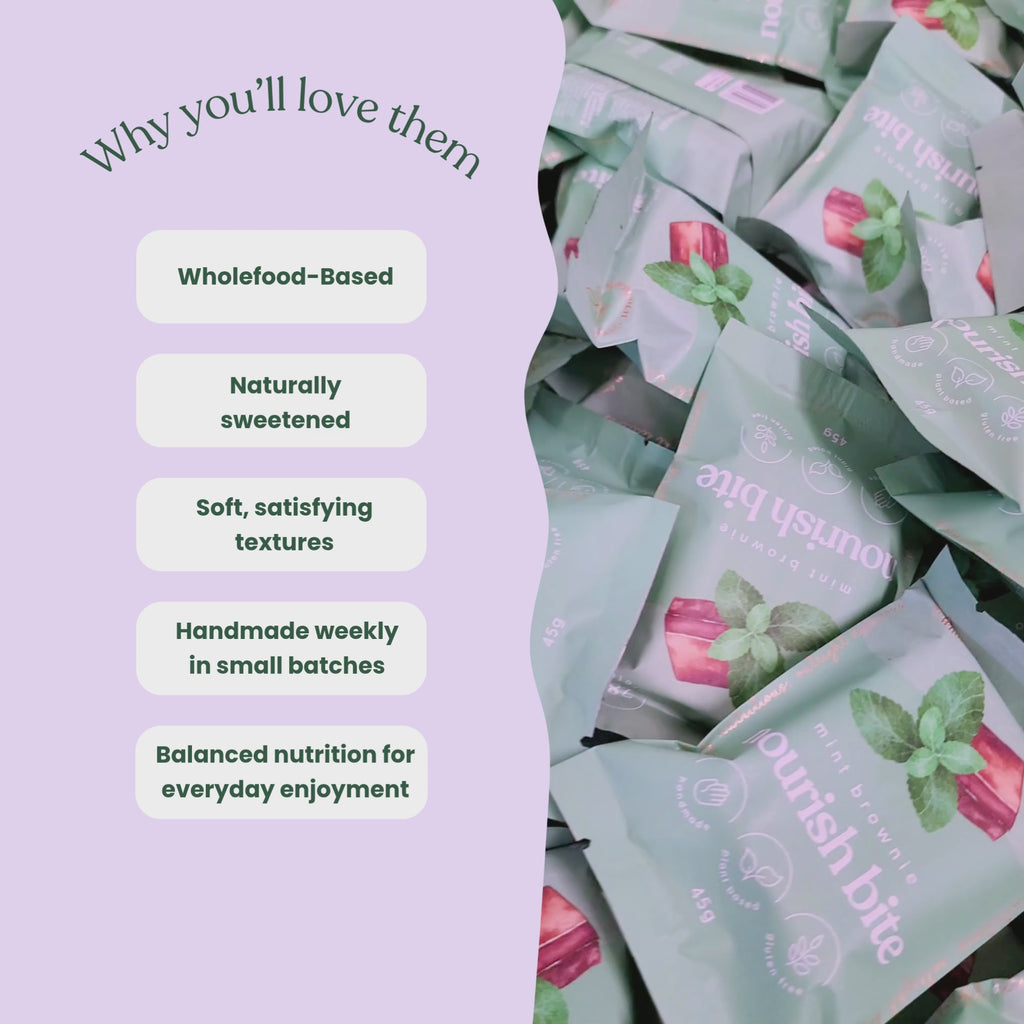 Video showcasing Sneaky Wholefoods  nourish bites in a production setting, switching between different flavours while highlighting key features including wholefood-based ingredients, naturally sweetened, soft satisfying textures, handmade weekly in small batches, and balanced nutrition for everyday enjoyment.