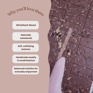 Video of BTS making Hazelnut Choc FudgeProtein Bars with a list of why you will love them: Wholefood-Based
Naturally sweetened
Soft, satisfying textures
Balanced nutrition for everyday enjoyment
Handmade weekly in small batches