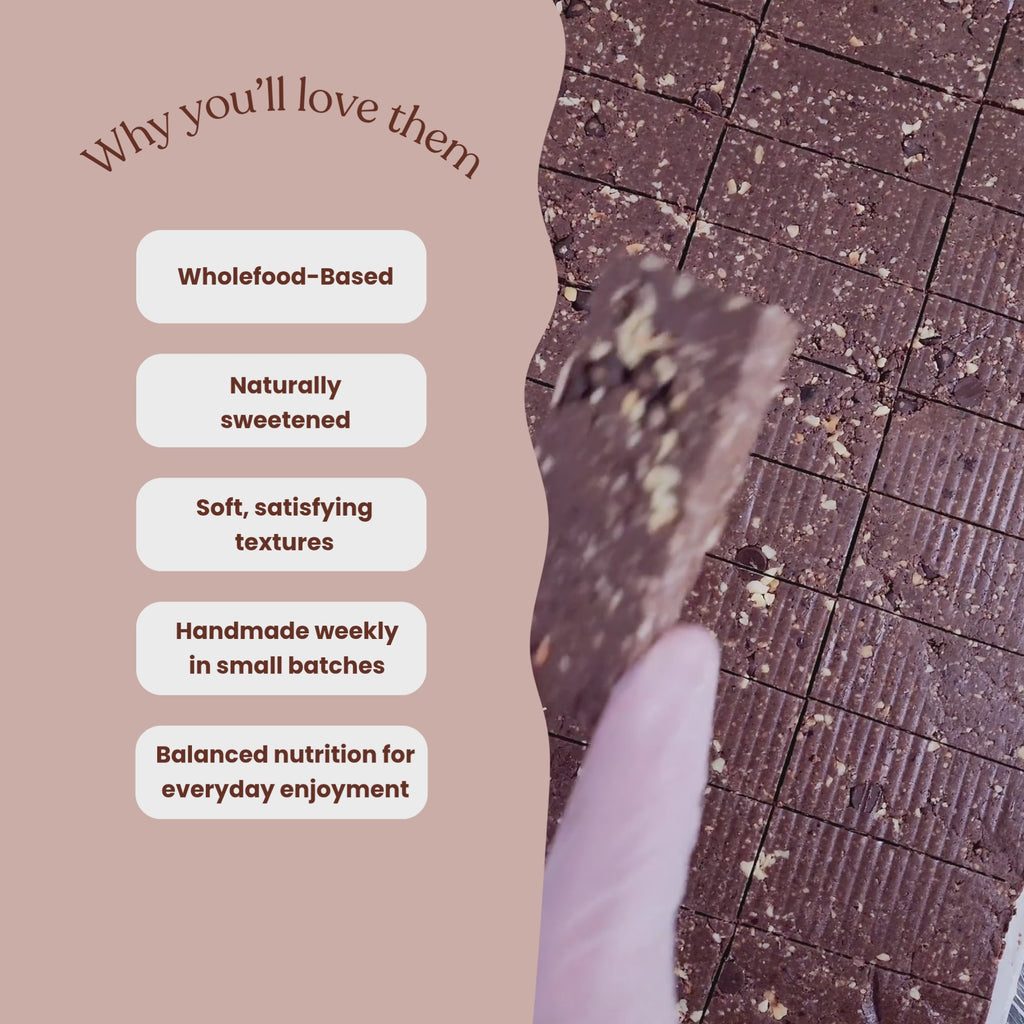 Video of BTS making Hazelnut Choc FudgeProtein Bars with a list of why you will love them: Wholefood-Based
Naturally sweetened
Soft, satisfying textures
Balanced nutrition for everyday enjoyment
Handmade weekly in small batches