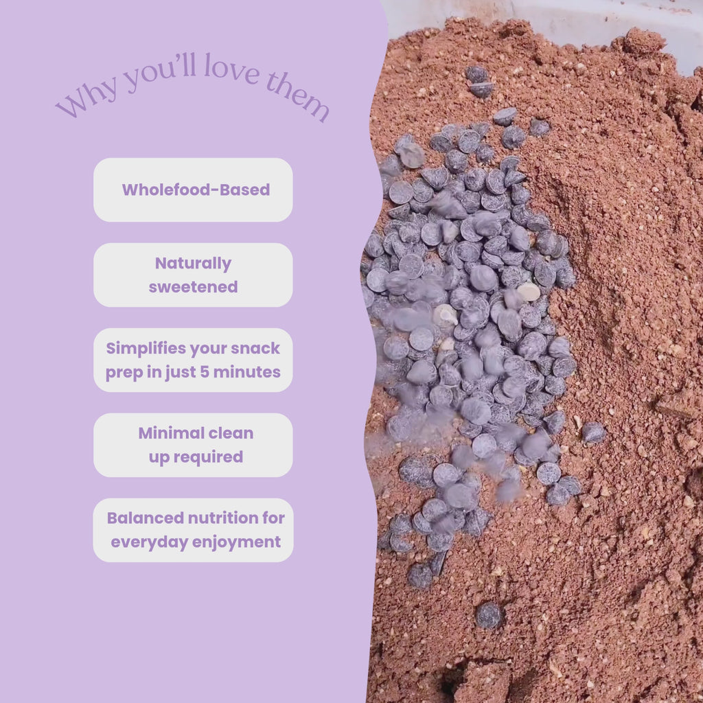Video showcasing Sneaky Wholefoods Choc Chip Honeycomb Protein Ball Mix in a production setting, switching between different flavours while highlighting key features including wholefood-based ingredients, naturally sweetened, simplify snack prep with minimal clean up, balanced nutrition for everyday enjoyment.